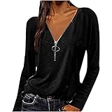 Javntouy Damenmode Langarm Einfarbig V-Ausschnitt T-Shirt Casual Lose Basic Top, Schwarz , S