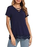 Irevial Damen Sommer Kurzarm, Damen Lässig T-Shirt V-Ausschnitte Riemchen Crossover Design Loose Shirt Spitze Saum Einfarbig Casual Kurzarm Basic Oberteile Elegant Top