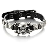 COOLSTEELANDBEYOND Vintage Gealtertes Silber Piraten Schädel Schwarz Lederarmband Edelstahl Armband Konvex Nieten, Herren Damen, Schließ