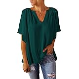 DOMBX Damen Sommer Einfarbig Fledermausärmel Vorne Kurz Hinten Lang Plissiert Rüschen Saum V-Ausschnitt Chiffon Hemden Frauen Basic Lässig Übergröße Lockere Passform Leicht Crop Tops T-Shirt B