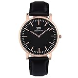 KZKR Unisex Uhr Analog Quarzwerk mit Schwarz Leder Armband W444