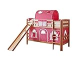 Etagenbett mit Rutsche Doppelbett Lupo Buche massiv Natur mit Farbauswahl, Vorhangstoff:Rosa W