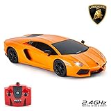 Lamborghini Aventador Offizielles Lizenziertes ferngesteuertes Auto mit Arbeitsscheinwerfern, funkgesteuertes RC-Auto im Straßenmaßstab Modell-Maßstab1:24, 2,4 GHz , großartiges Spielzeug (Orange)