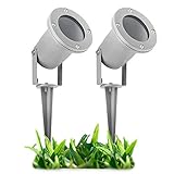 2 Stück LED Gartenstrahler mit Erdspieß für außen - mit 3W GU10 LED warmweiß - Gartenleuchte Kopf schwenkbar in silber g