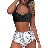 Lazzboy Bikini Damen High Waist Frauen Vintage Badeanzug Retro Halfter Hoher Taille Push Up Neckholder Bademode Strandkleidung Oberteil Bikinihose Sexy Halter Gepolstert Swimwear (Weiß,XXL)