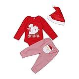 WANGSAURA Neugeborenes Xmas Baby Junge Mädchen Erste Weihnachten Hirsch Weihnachtsmann Strampler + Gestreifte Hosen 2pcs Outfits Set (Weihnachtsmann mit Hut #1, 3-6 Monate)