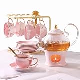 DUJUST Kleiner Tee-Set für Frauen, Marmor-Textur und Goldene Zierleiste, Rosa Porzellan-Tee-Party-Set für Mädchen, 1 Teaarte (650ml), 6 Tassen (120 ml), 6 Untertassen, 1 Regal & 1 W