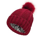 Winter Beanie Mütze Frauen Strickmütze mit Pom Kunstfell Ball Cap Slouchy Beanie Hüte Elastisch Weich Dicke Chunky Slouchy Skimütze Ohrenwärmer Bommelmütze Skull Hut für Frauen, weinrot,