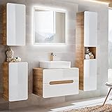 Lomadox Badezimmer Badmöbel Set, Hochglanz weiß mit Wotaneiche, Keramik Waschtisch mit 80cm Unterschrank, LED-Spiegel, Hochschrank, Hängeschrank