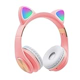 TGUS Kabelloser Bluetooth-Kopfhörer, Kinder Bluetooth Kopfhörer, Katzen Ohren Kopfhörer Over Ear mit LED-Licht, LED-Licht, blinkend, Stereo-Headset für Smartphones/Laptop/PC/TV(Pink)