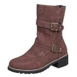 Yowablo Stiefel Schuhe Damen Retro Solid Color Square Heels Schnalle Mittelrohr Booties Round Toe Stiefel (41,Kaffee)