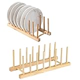 Vegena Regal Bambus Abtropfgestell Geschirr 2 Pack, Bambus Geschirrabtropfgestell Holz, Bambus-Geschirrständer Lagerung Inhaber Platzsparend, Bambus-Geschirrständer für Teller, Topf Deck