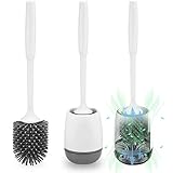 Klobürste Silikon, POPTEN WC Bürste mit Halter Wandmontage & Stehen Silikon Toilettenbürste Set mit Schnell Trocknendem Haltersatz für Badezimmer – Weiß/G