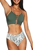 CUPSHE Damen Bikini Set mit Zierriemen Blättermuster Cut-Out Bademode Zweiteiliger Badeanzug Olivgrün L