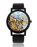 Wassergarten-Armbanduhr, personalisierbar, leger, schwarzes Lederband, Armbanduhr für Herren und Damen, Unisex