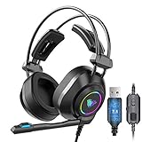 AULA S600 Verdrahtet Gaming Headset mit Mikrofon 7.1 Surround Sound, RGB Regenbogen Lichteffekt Kopfmontiert Kopfhörer, HD Geräuschunterdrückung MIC Headphone für PC MAC Desktop, Laptop Computer (USB)