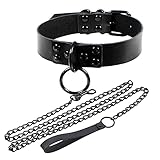 Aabellay Leder Choker Metall Ring Halsband Lederhalsband Halskette Kreis Damen Gotik Punk Rock Lederband Einstellbar Kragen mit Zugkette – Schw