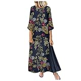 Haiorziyou Damen Vintage Maxikleid 3/4 Ärmel Rundhalsausschnitt Kleider Bohemien Drucken Patchwork-Kleid Frauen Lange Cocktailkleid Swing Bequemer Rock