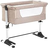 YHQKJ Baby-Bassinet-Bettschwellen-Krippe, einschlafliches Babybett mit Matratze, abnehmbare Seite, einstellbare Höhe, Meshfenster, Räder und Reisetasche (Color : Khaki)