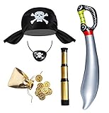 Seawhisper Piratenkostüm Kinder Kostüm Zubehör Pirat Jungen Mädchen Piratenhut Fernrohr Augenklappe Piratensäbel Goldmünze Piratenkopftuch Accessoires S