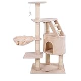 Happypet® Kratzbaum für Katzen mittelgroß 120 cm hoch, Kletterbaum Katzenbaum, CAT017-4 stabile Säulen mit Natur-Sisal ca. 8cm Durchmesser, Liegemulde, Haus, Treppe, Aussichtsplattform, Beig