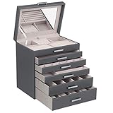 SONGMICS Schmuckschatulle, großer Schmuckkasten mit 6 Ebenen, Schmuckkästchen, mit Schubladen und Spiegel, für Armbänder, Ohrringe, Halsketten, Ringe und Uhren, Geschenkidee, grau JBC138G01