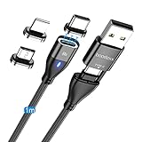 Magnetisches USB-Kabel, 6 in 1, mit 3 USB-Anschlüssen (USB C, Micro-USB, andere), USB-Kabel PD 60 W, schnelle Datenübertragung, kompatibel mit Laptops/Computer/Smartphones (Schwarz – Länge 1 m)