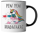 vanVerden Tasse - Pew Pew Madafakas - schießendes Einhorn - beidseitig Bedruckt - Geschenk Idee Kaffeetassen, Tassenfarbe:Weiß/Schw
