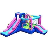 COSTWAY Aufblasbare Donut Hüpfburg mit 2 Rutsche Springburg Hüpfschloss Outdoor Bouncer Spielburg inkl. Tragetasche, Pfähle, Reparaturpake 416x350x200