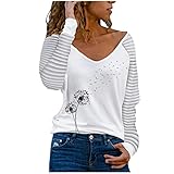 Dasongff Langarmshirt Damen V-Ausschnitt Oberteile Longshirt Casual Lose Bedruckt Pullover Blusen Tuniken Shirt Hemdbluse Freizeit Tunika Tshirt Tees Elegant Top