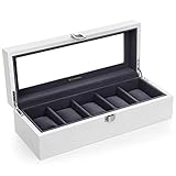 SONGMICS Uhrenbox mit 5 Fächern, aus Holz, eleganter Uhrenkasten mit Glasdeckel, Uhrenkoffer mit herausnehmbaren Uhrenkissen, Samt-Innenfutter, Metallverschluss, weiß, JOW05WT