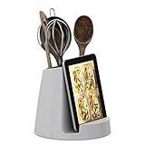 Keramik-Utensilienhalter & Tablet-Ständer - Moderner weißer Topf mit Tablet-Halter - Utensilien-Caddy für zeitgenössische Kochbegeisterte - iPad- oder Rezeptbuchhalter - 7,11'x 8,5'