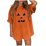 Notinzo Damen Halloween T-Shirt Oversized Funny Face Witch Print Lose Kurzarm Tops Lange Bluse, K, XXL