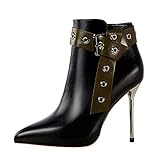 IELGY Retro High Heel Stiefel Cavalier 10.5cm Stiletto Sexy Spitz Nieten Gürtelschnalle Damenschuhe (Schwarz,38)