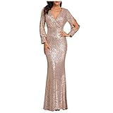Frauen Langarm formales Ballkleid Paty Kleid, sexy V-Ausschnitt Pailletten Slim Fit Meerjungfrau Elegant Cocktail Bodycon Abendkleid, beige, XXL