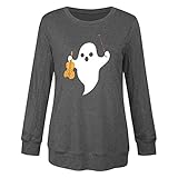 Notinzo Halloween-Langarm-Top, Shirt für Damen, Geist und Kürbis-Druck, Herbst und Winter, C Grau, M