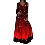 Damen Maxikleid Lässiges Batik Kleid mit Sternenhimmel und großem Swing Print Herbst Rundhals Langarm Skaterkleid Elegantes Partykleid Bodenlanges langes Kleid Abendk