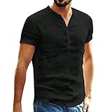 LRWEY Herren Tops Bluse Baggy Baumwollmischung Einfarbig Kurzarm Retro T Shirts Tops Bluse T-Shirts, Schwarz , XL