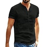 Seringlings Leinen Shirt Herren Kurzarm Button-Down V Ausschnitt T Shirts Männer Leinenhemd Freizeithemd Sommer Strand Urlaub Leichte Bequeme Atmungsaktives S