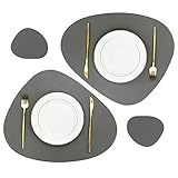 Olrla Pu-Leder Tischsets und Untersetzer Sets, 2 große Tischsets 45x38cm und 2 Untersetzer 11x10cm für den Esstisch zu Hause (dunkelgrau)