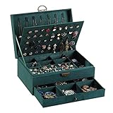 TEAYASON 2-Lagige Schmuckschatulle Dunkelgrüner Vintage-Schmuck-Organizer-Kasten Mit Schlüssel Vitrine Aus Großem Wildleder Für Frauen, Mädchen, Geschenk,Schmuck