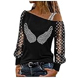 XUNN Damen Tops Printed Strass Schulterfrei Spitze T-Shirt Longshirt Schulterfrei Tshirt Nettogarn Langarm Shirt Bluse Tunika Casual Ob