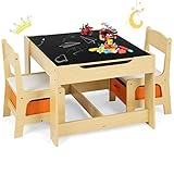 GOPLUS 3tlg. Kindersitzgruppe, 1 Kindertisch mit 2 Stühle, Kindermöbel Set Holz, Sitzgruppe für Kleinkinder, Mädchen und Jung