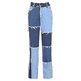 ShSnnwrl Mens Regular Fit Straight Fit Damenjeans Patchwork gerades Bein Damenjeans hohe Taille Hip-Hop-Straßenhose lockere Hose L b