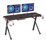 SogesPower Gaming Schreibtisch, Z-förmiger Computertisch, ergonomischer PC-Schreibtisch mit großem Mauspad, Getränkehalter und Kopfhörer-Haken,140 cm, YL-YF