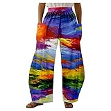 SSLLH Damen Hose Leichte Atmungsaktive Haremshose mit Vintage Blumenmuster Elastischer Bund Hosen Lange Breites Bein Pumphose Loose Casual Pluderhose mit Taschen Boho Gemustert Yogahose Große Größ