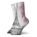 Kurze Socken für Herren und Damen, 30 cm, Eiffelturm, rosa Bäume, Gemälde, Retro-Socken, Strümpfe für Laufen, Fitness, Geschenk