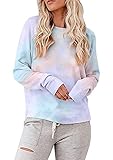 EFOFEI Damen Tie Dye Bedrucktes Langarm-Sweatshirt Rundhalsausschnitt Lässig Lose Pullover Tops Shirts Rosa Lila L