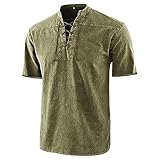 Herren Baumwolle Leinenhemd Hemd V-Ausschnit mit Korderzug Retro Langarm/Kurzarm Atmungsaktiv Bequem Sommerhemd Einfarbig Regular Fit Freizeithemd Shirts Sommer Draussen Atmungsaktiv Sonnenschutz Top