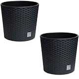 Astor24 - 2X Blumentopf Anthrazit in Rattan-Optik - Pflanzkübel mit Einsatz - Rattan-Blumentopf für Garten - In/Outdoor - Höhe 28 cm - Ø 30 cm (2er Set 30cm Ø)